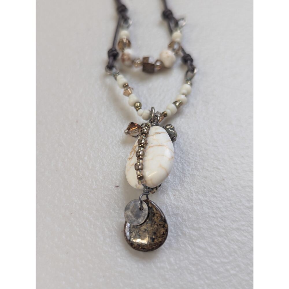 Stone Pendant Leather Necklace Beaded Boho Western Neutral Hippie Peyote Bird